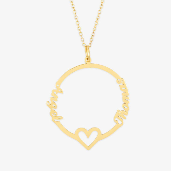 Circular dual-name necklace with central heart pendant in gold, featuring personalized names "John" and "Mona," symbolizing unity and love.