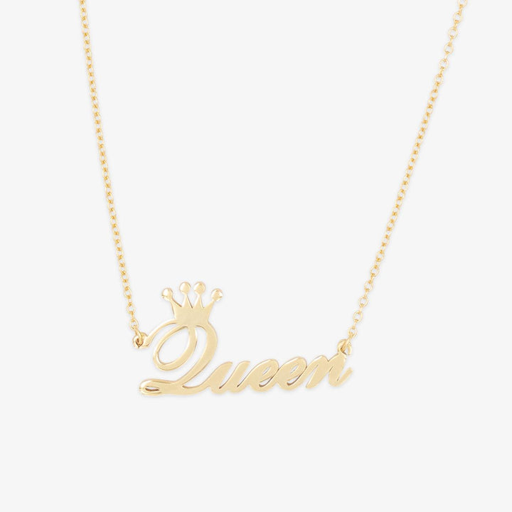 Gold-plated necklace with 'Queen' in cursive font and an elegant crown accent on the first letter.