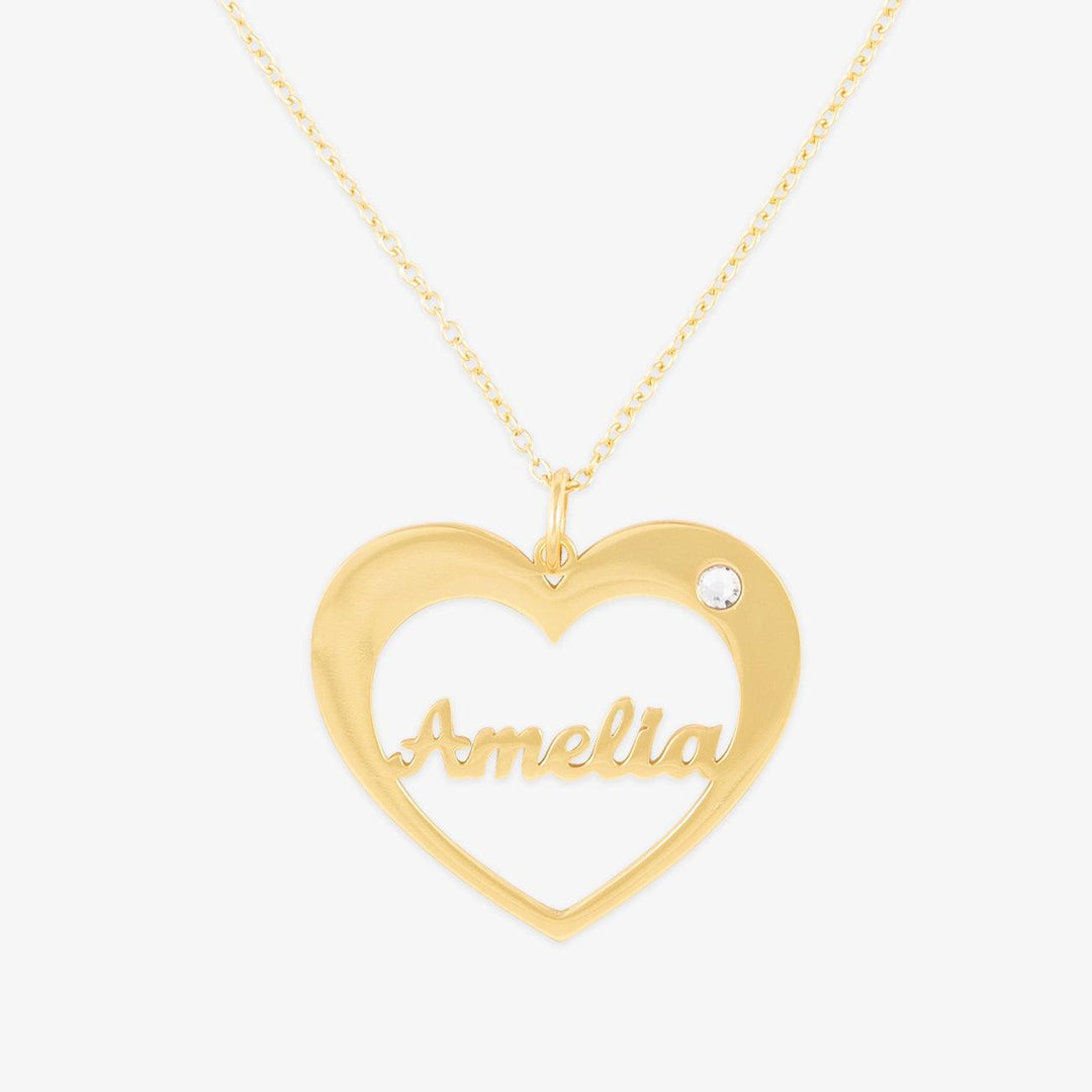 Personalized heart name necklace with birthstone in sterling silver featuring the name "Amelia"