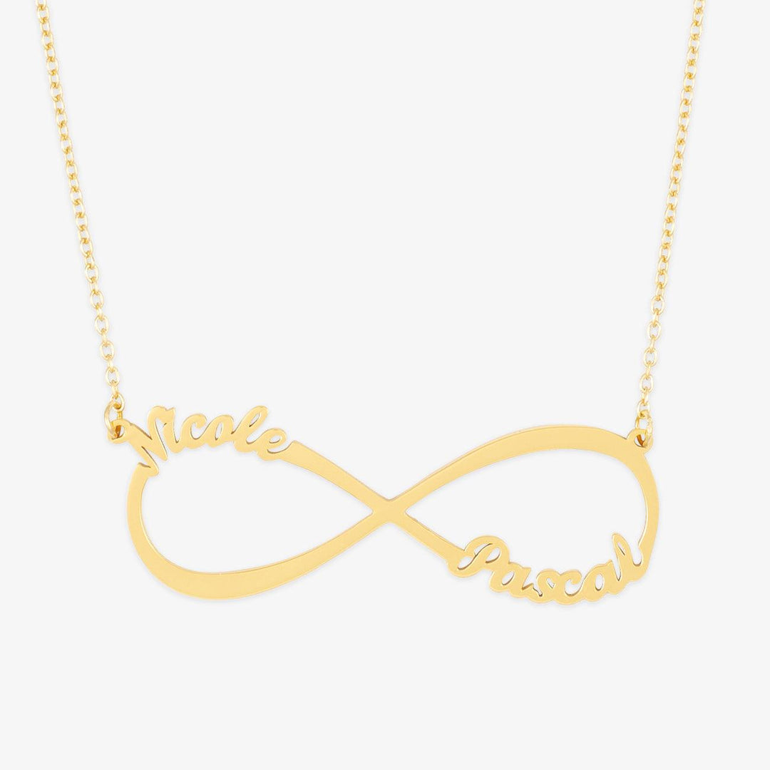 Personalized Infinity Name Necklace in Sterling Silver with two names on an infinity symbol, representing endless connection and love.