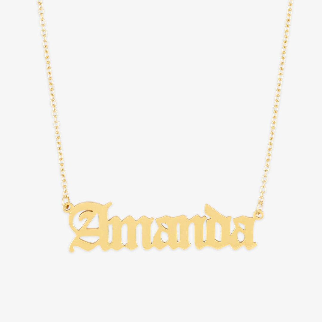 Gold Rockstyle Gothic Name Necklace with the name "Amanda" in a gothic-inspired font.