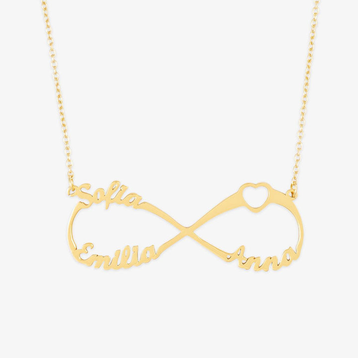 Triple Name Infinity Necklace with Heart Detail in Sterling Silver, personalized with custom names, showcasing love and connection