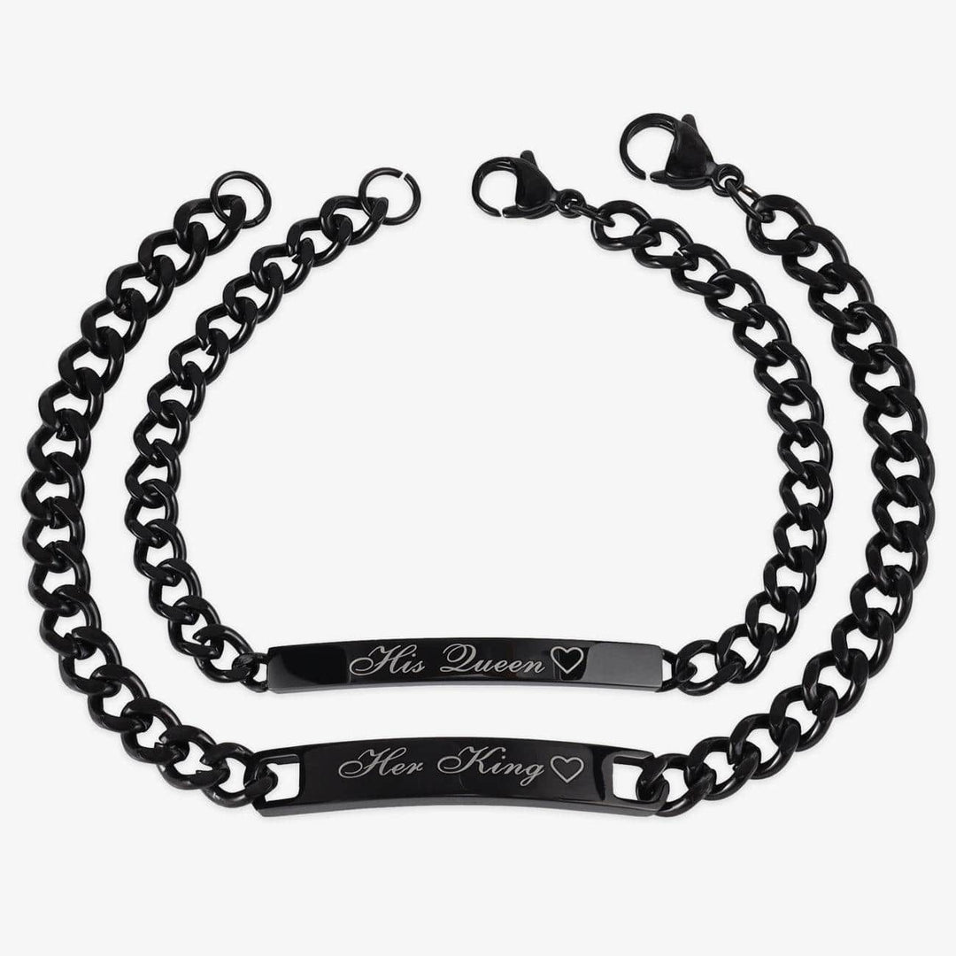 Personalized black couple bracelets set with "His Queen" and "Her King" engravings; a meaningful gift for love and commitment.