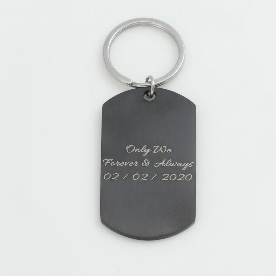 Personalized black photo keychain with custom engraving "Only We, Forever & Always, 02/02/2020" on high-quality stainless steel