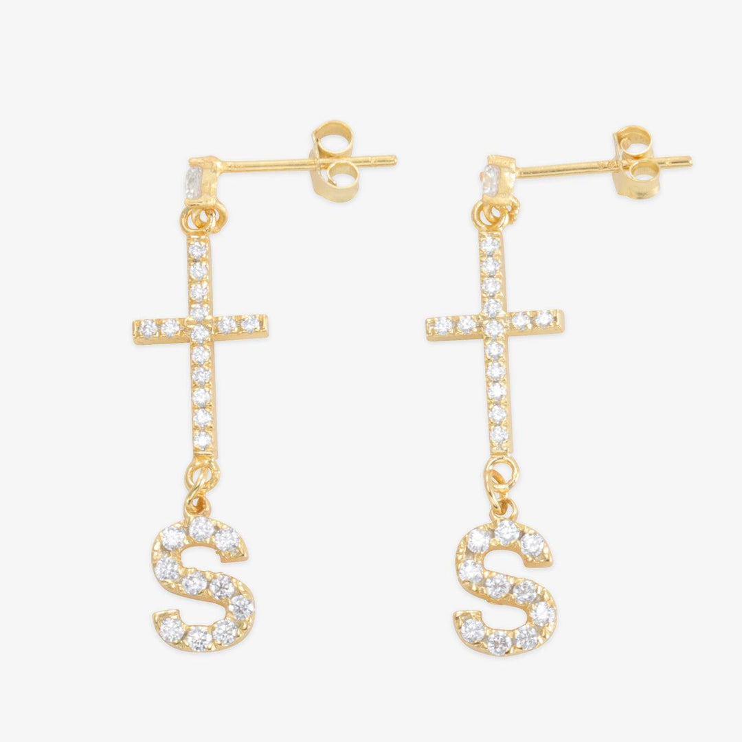 Gold Personalized Cross Earrings with Crystal Initial - Unique 925 Sterling Silver Faith Jewelry