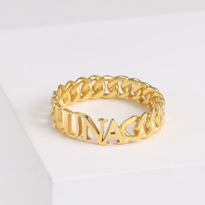 Personalized gold curb chain ring in 18K double-coated finish featuring custom name "Luna" in elegant script.