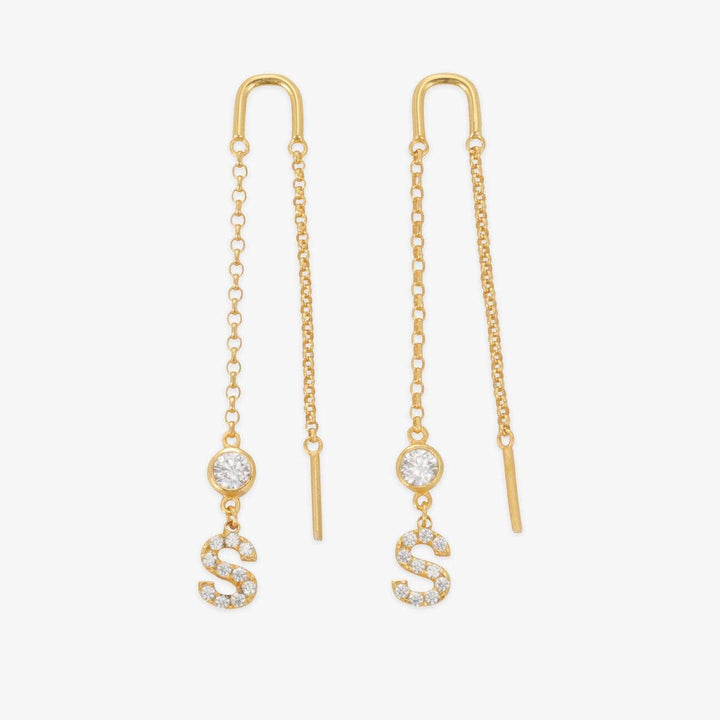 Personalized gold chain earrings with letter pendants and sparkling stones, custom initial drop earrings in 18K gold plating.