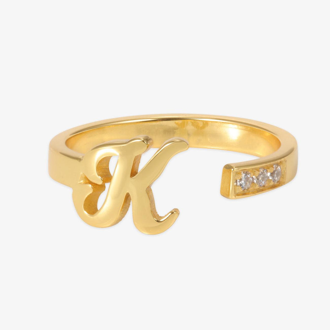 Gold personalized initial open ring with a 'K' and crystal accents crafted from 925 sterling silver.