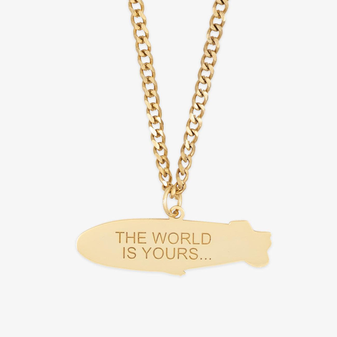 Personalized Zeppelin Pendant Necklace with "The World Is Yours" engraving on a wide curb chain, 18K gold-plated 925 sterling silver