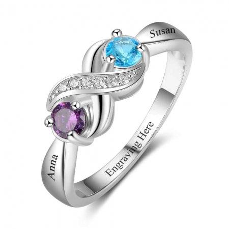 Personalized Infinity Sterling Silver Ring with Birthstones and Engravings