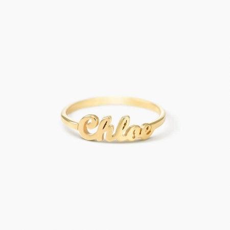 Personalized gold name ring made from high-quality sterling silver, featuring the name "Chloe". Unique, custom jewelry piece.