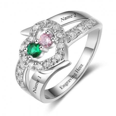 Personalized sterling silver heart ring with dual birthstones and custom engravings