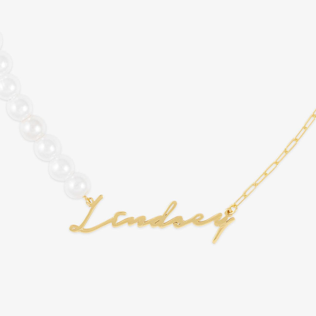 Gold Signature Name Necklace with Pearl and Link Chain