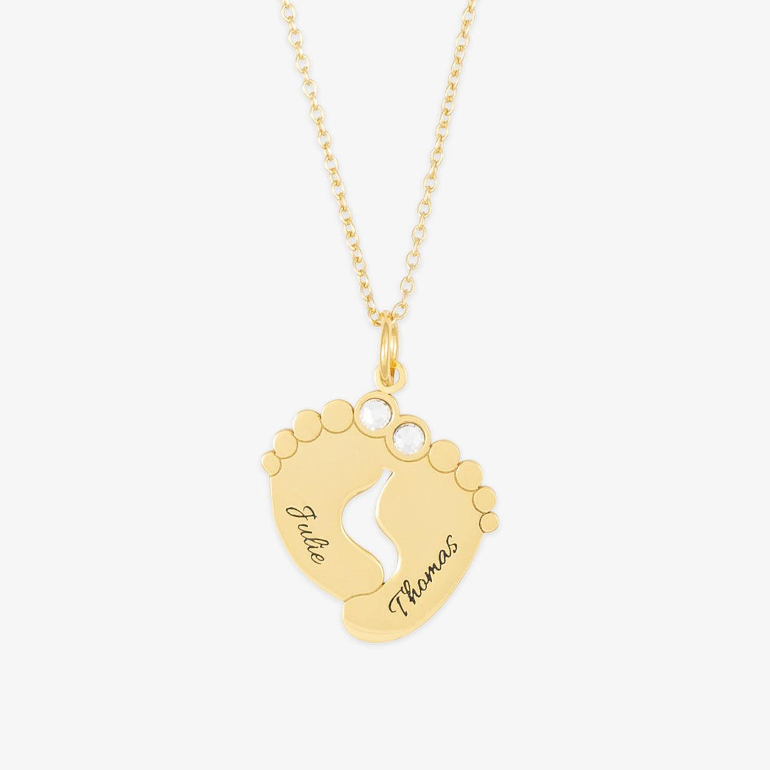 Gold Twin Baby Feet Birthstone Necklace with Personalized Names and Birthstones