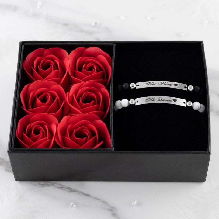 Personalized Pearl Couple Bracelets Set with Red Roses in Gift Box