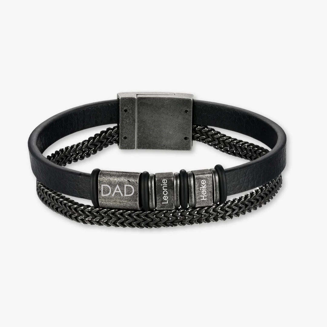 Personalized Black Leather Bracelet with Stainless Steel Chain and Three Engravings - Herzschmuck