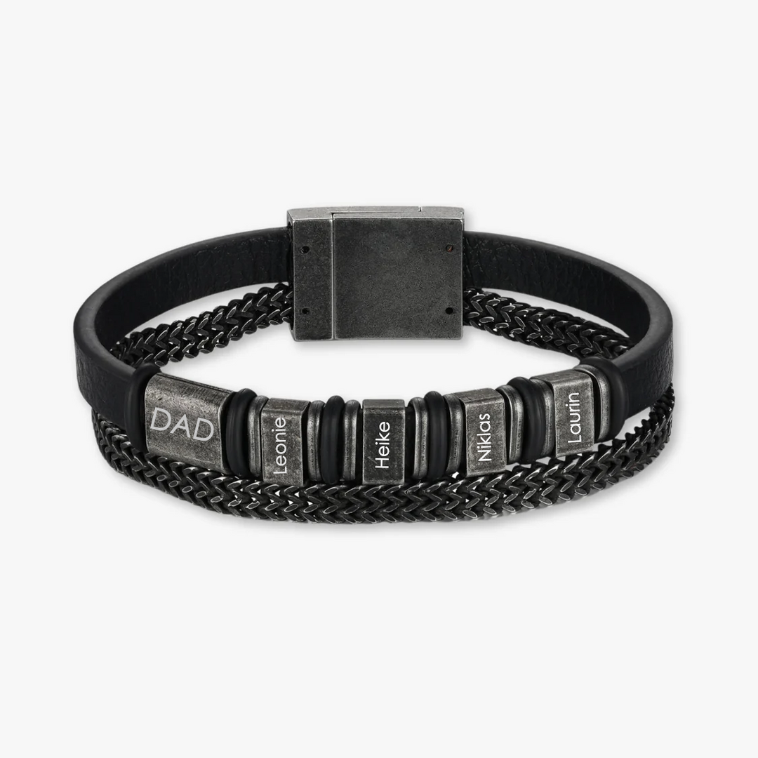 Personalized Black Leather Bracelet with Stainless Steel Chain and Five Engravings - Herzschmuck