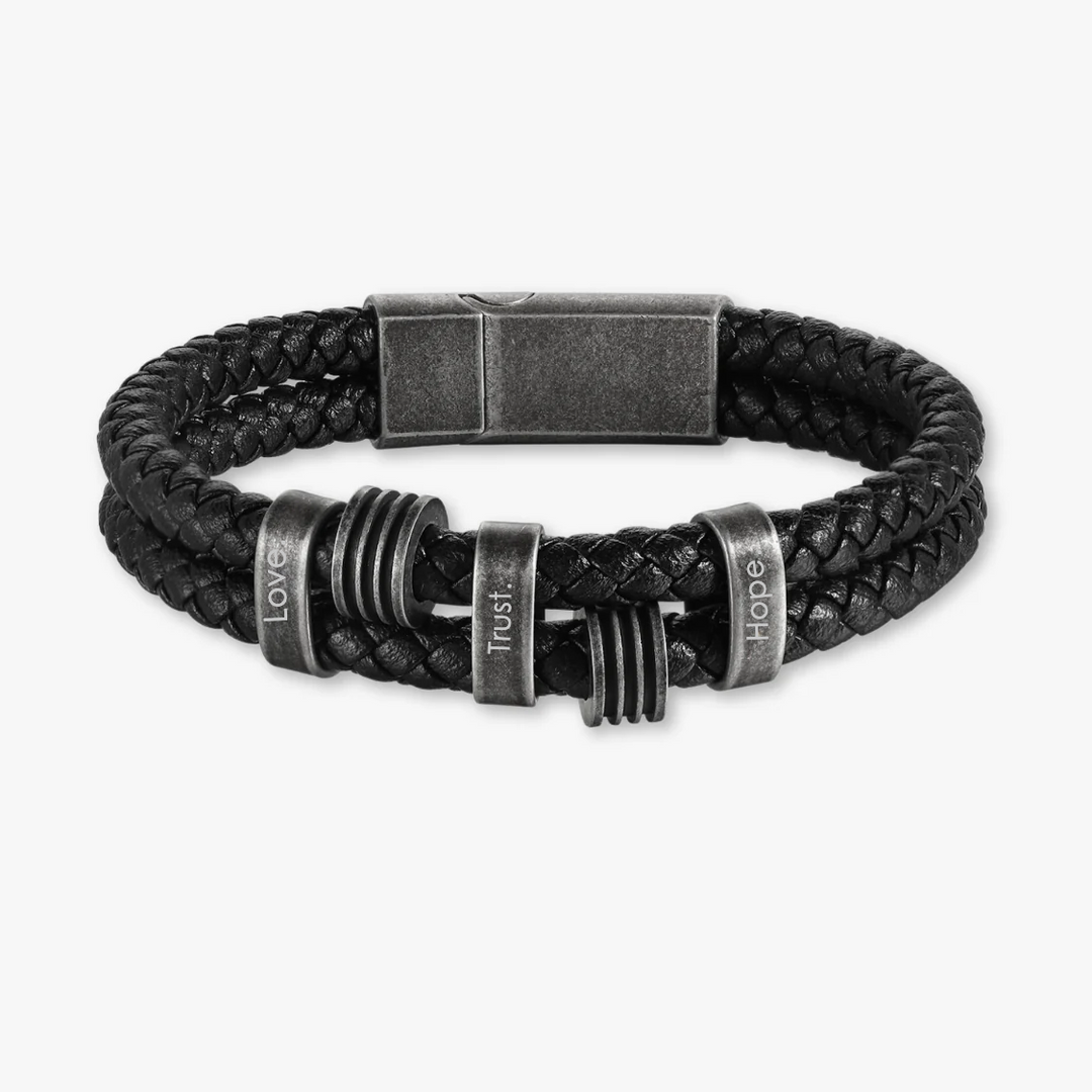 Personalized Black Braided Leather Bracelet with Dark Grey Stainless Steel Rings - Herzschmuck