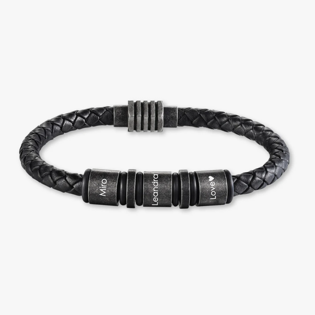 Simple Vintage Black Braided Leather Bracelet with 3 Engraving Rings - Herzschmuck