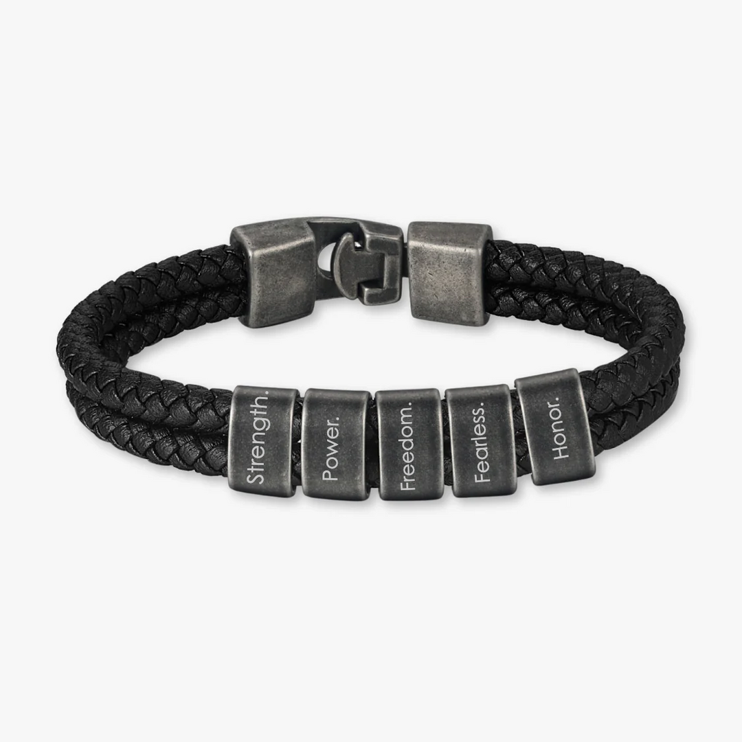 Unique Black Double-Braided Leather Bracelet with 5 Engravings - Herzschmuck