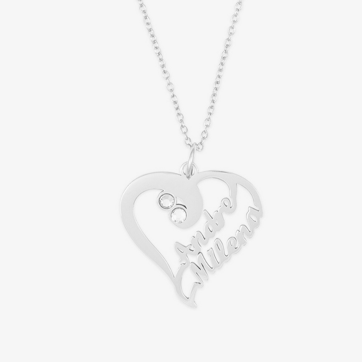 Dual-Name Heart Necklace with Custom Birthstones in Sterling Silver - Herzschmuck