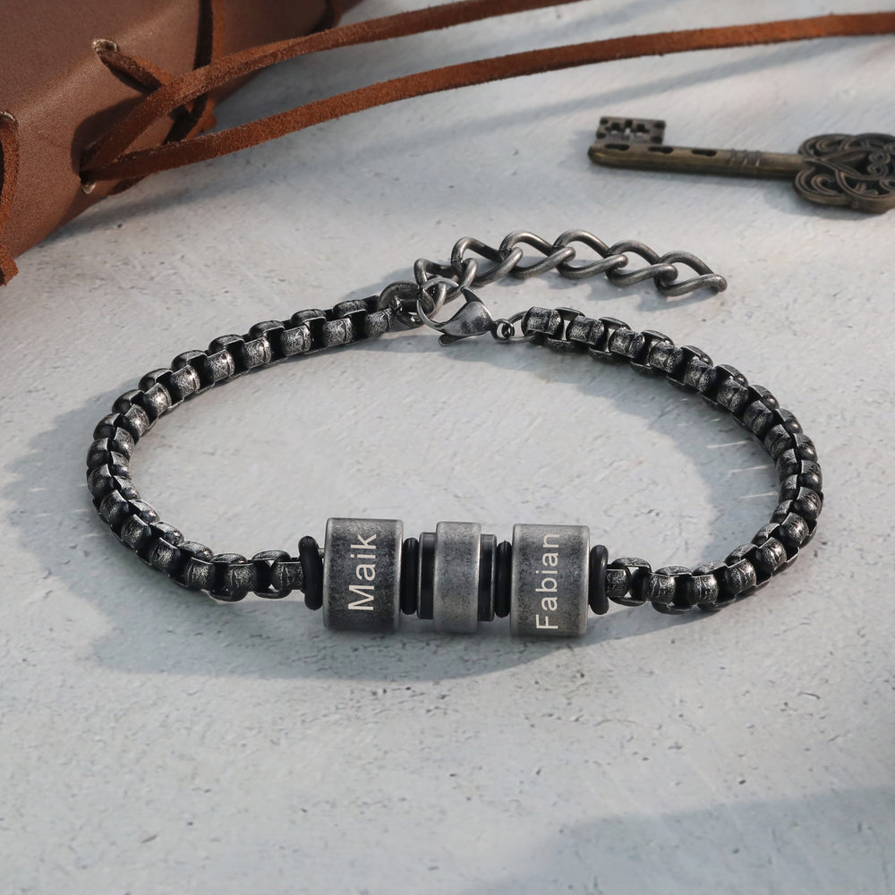 Greyish Vintage Engraved Stainless Steel Bracelet with Two Engravings - Herzschmuck