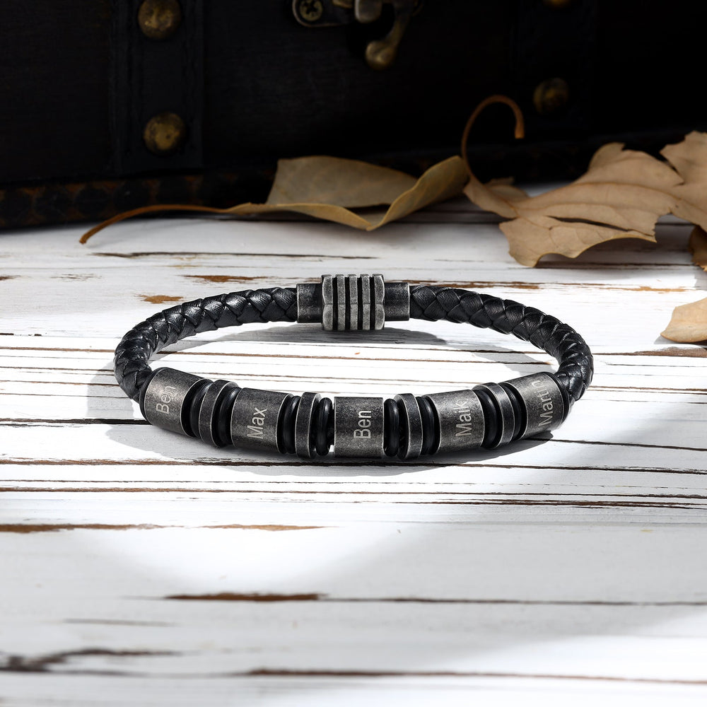 Simple Vintage Black Braided Leather Bracelet with 4 Engraving Rings - Herzschmuck
