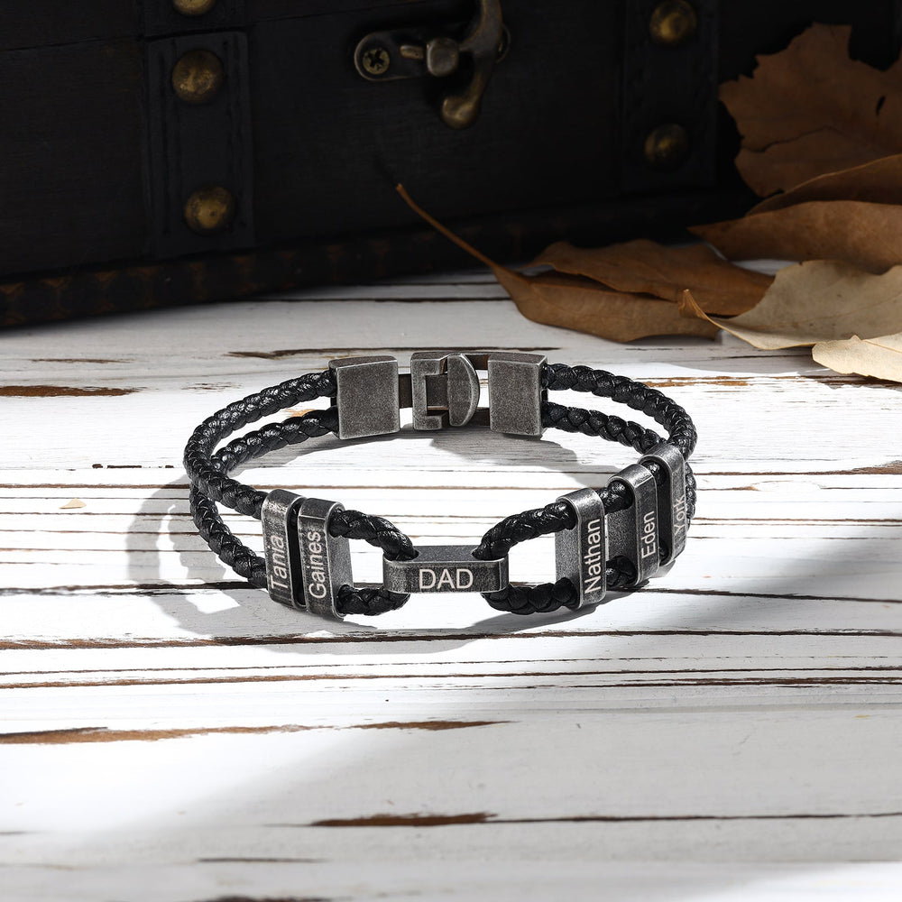 Vintage Black Leather Bracelet with 5 Engravable Plates - Herzschmuck