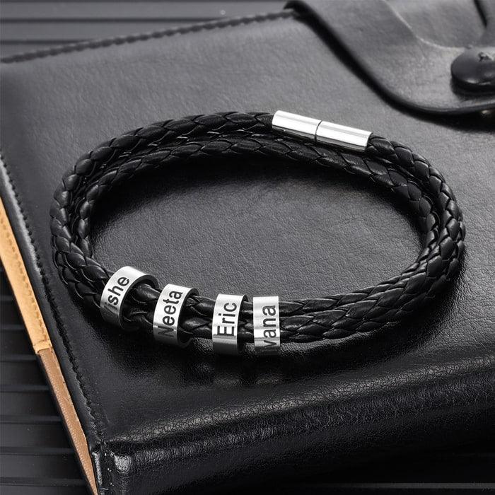 Men's Quad Engraved Rings Leather Bracelet - Herzschmuck